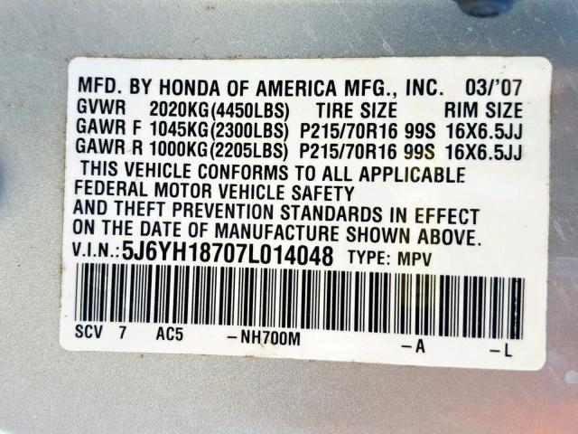 5J6YH18707L014048 - 2007 HONDA ELEMENT EX SILVER photo 10