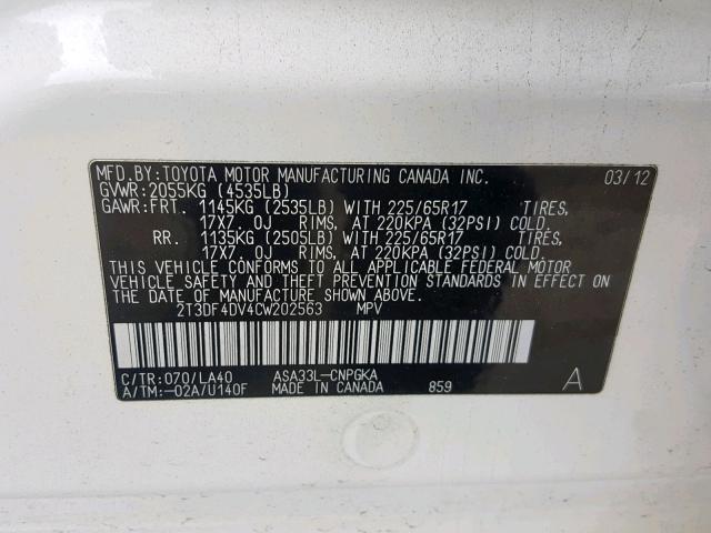 2T3DF4DV4CW202563 - 2012 TOYOTA RAV4 LTD WHITE photo 10