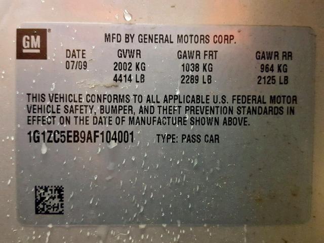 1G1ZC5EB9AF104001 - 2010 CHEVROLET MALIBU 1LT ბეჟი ფოტო 10