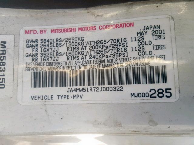 JA4MW51R72J000322 - 2002 MITSUBISHI MONTERO LI WHITE photo 10