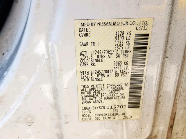 1N6AF0KY8CN115701 - 2012 NISSAN NV 2500 WHITE photo 10