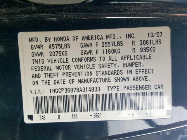 1HGCP36878A014833 - 2008 HONDA ACCORD EXL BLACK photo 10