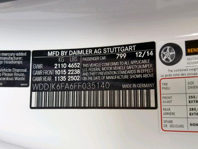 WDDJK6FA6FF035140 - 2015 MERCEDES-BENZ SL 400 WHITE photo 10