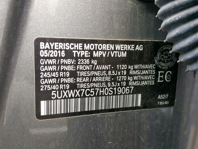 5UXWX7C57H0S19067 - 2017 BMW X3 XDRIVE3 GRAY photo 10