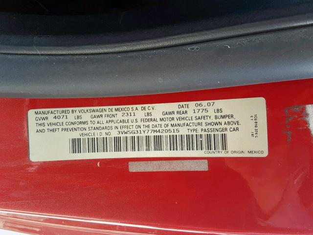 3VWSG31Y77M420515 - 2007 VOLKSWAGEN NEW BEETLE Qırmızı foto 10