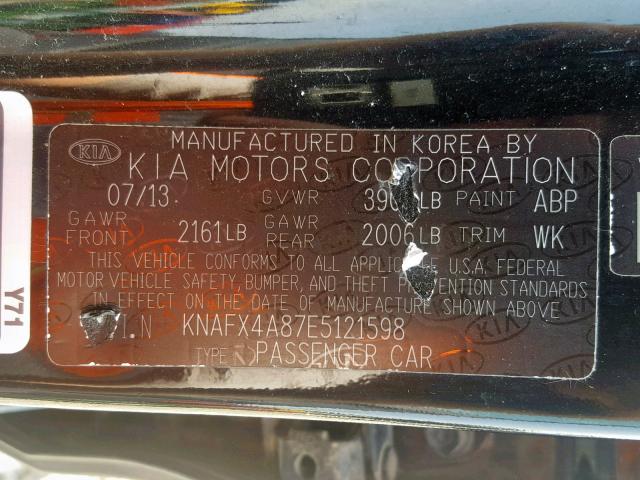 KNAFX4A87E5121598 - 2014 KIA FORTE EX BLACK photo 10