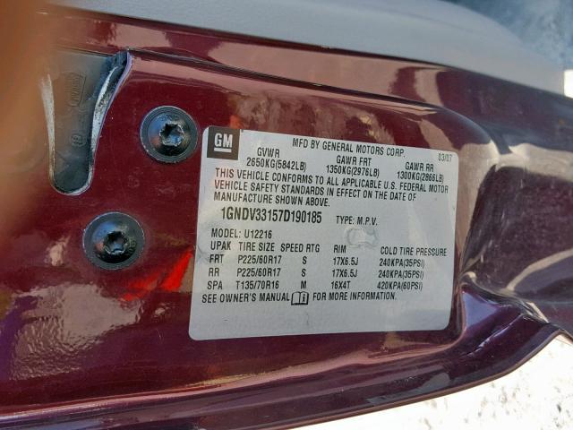 1GNDV33157D190185 - 2007 CHEVROLET UPLANDER L 勃艮第红 照片 10