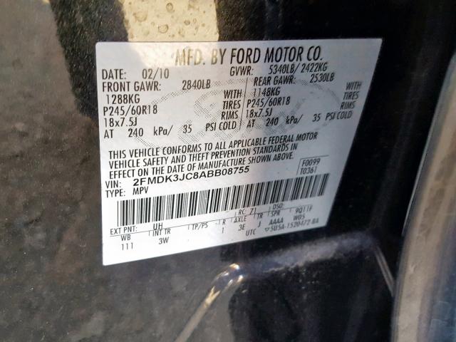 2FMDK3JC8ABB08755 - 2010 FORD EDGE SEL BLACK photo 10