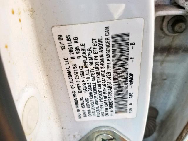 5KBCP3F80AB011429 - 2010 HONDA ACCORD EXL WHITE photo 10