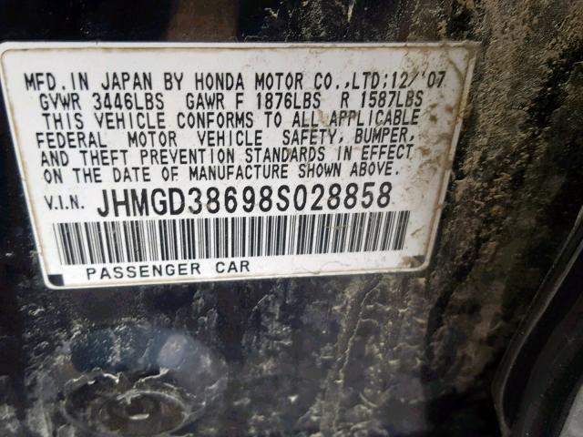 JHMGD38698S028858 - 2008 HONDA FIT SPORT BLACK photo 10