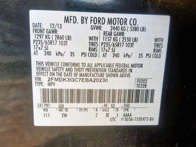 2FMDK3GC7EBA20230 - 2014 FORD EDGE SE BLACK photo 10