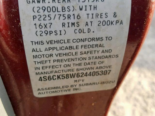 4S6CK58W624405307 - 2002 HONDA PASSPORT E 勃艮第红 照片 10