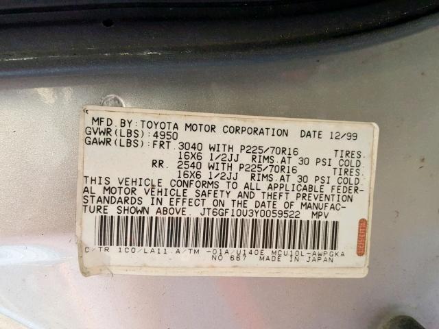 JT6GF10U3Y0059522 - 2000 LEXUS RX 300 GRAY photo 10