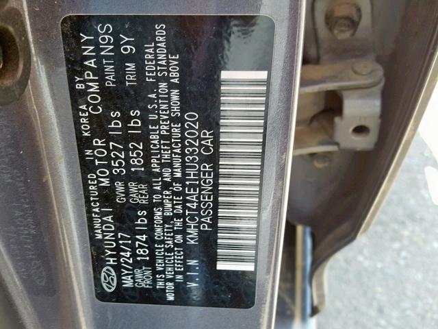 KMHCT4AE1HU332020 - 2017 HYUNDAI ACCENT SE GRAY photo 10