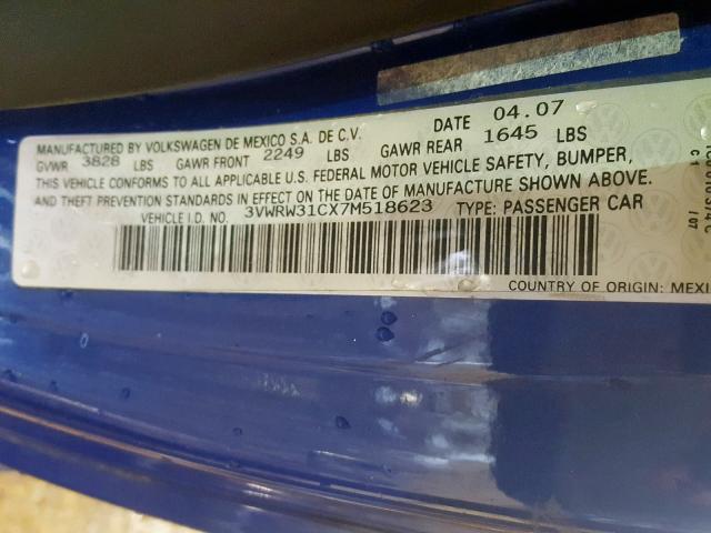 3VWRW31CX7M518623 - 2007 VOLKSWAGEN NEW BEETLE Mavi foto 10