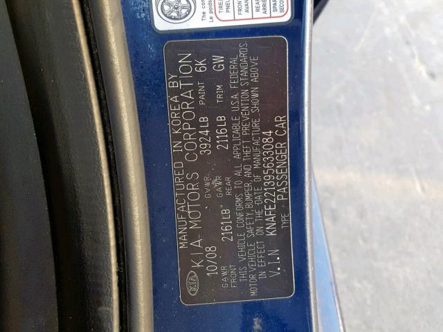 KNAFE221395633084 - 2009 KIA SPECTRA EX BLUE photo 10