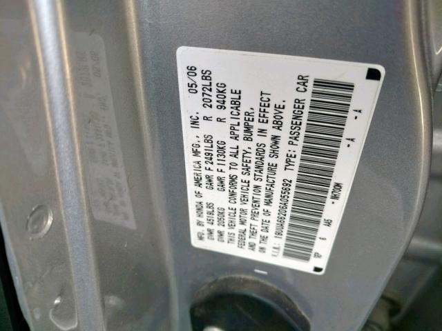 19UUA66206A055692 - 2006 ACURA 3.2TL SILVER photo 10