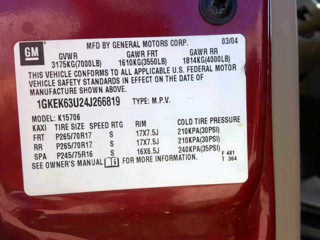 1GKEK63U24J266819 - 2004 GMC YUKON DENA RED photo 10