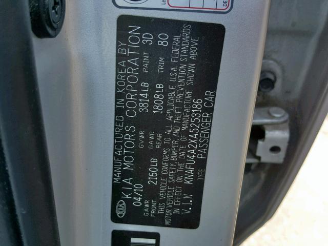 KNAFU4A2XA5253186 - 2010 KIA FORTE EX SILVER photo 10