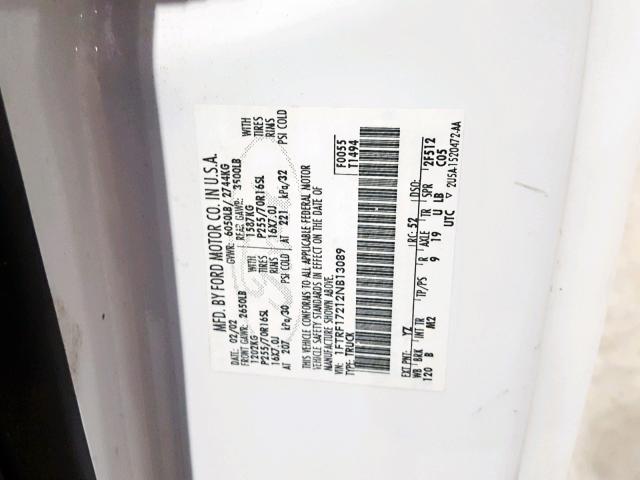 1FTRF17212NB13089 - 2002 FORD F150 WHITE photo 10