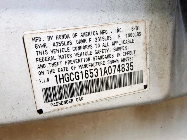 1HGCG16531A074835 - 2001 HONDA ACCORD EX WHITE photo 10