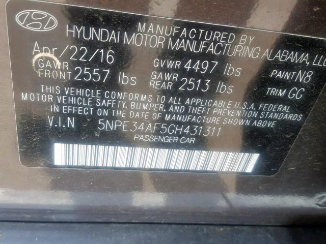 5NPE34AF5GH431311 - 2016 HYUNDAI SONATA SPO BROWN photo 10