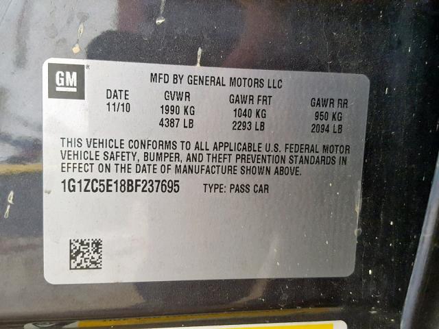 1G1ZC5E18BF237695 - 2011 CHEVROLET MALIBU 1LT 灰色 照片 10