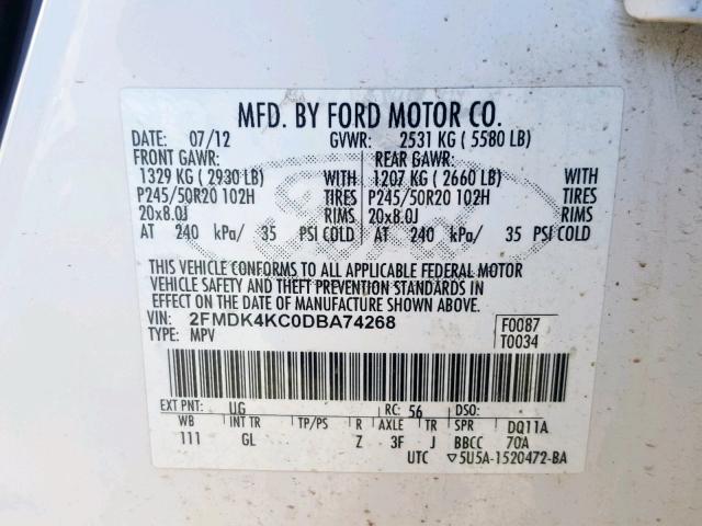 2FMDK4KC0DBA74268 - 2013 FORD EDGE LIMIT WHITE photo 10