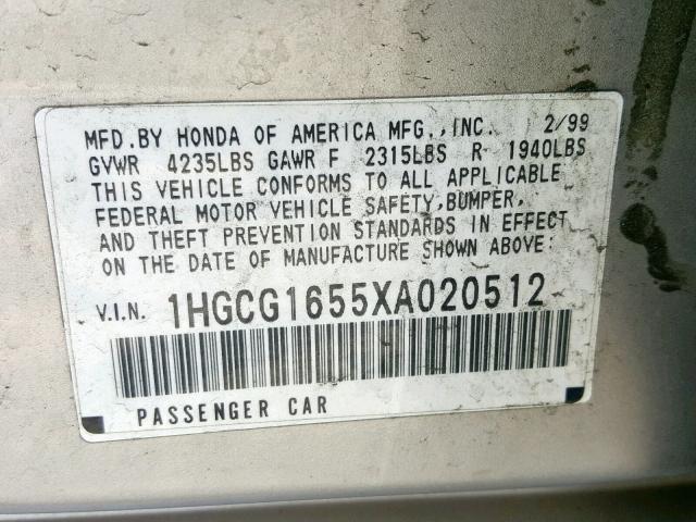 1HGCG1655XA020512 - 1999 HONDA ACCORD EX SILVER photo 10