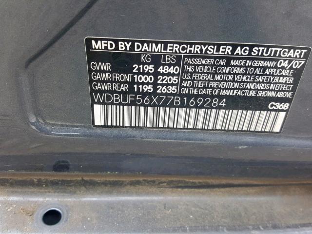 WDBUF56X77B169284 - 2007 MERCEDES-BENZ E 350 GRAY photo 10