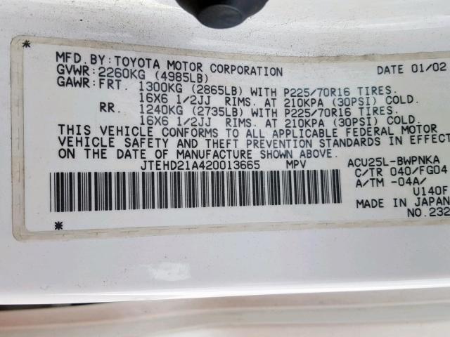 JTEHD21A420013665 - 2002 TOYOTA HIGHLANDER WHITE photo 10