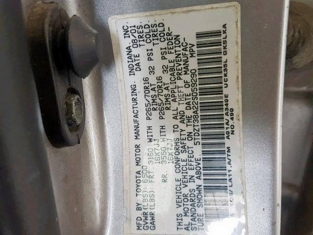 5TDZT38A22S059290 - 2002 TOYOTA SEQUOIA LI SILVER photo 10