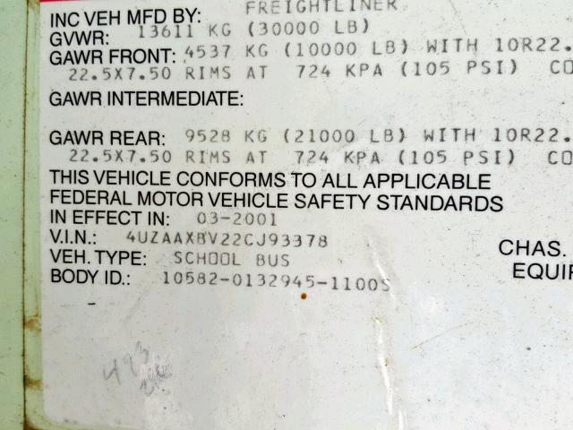 4UZAAXBV22CJ93378 - 2002 FREIGHTLINER CHASSIS FS 黄色 照片 10