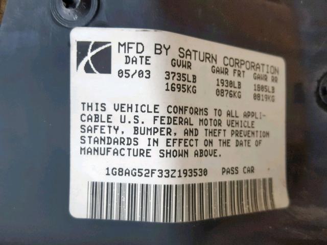 1G8AG52F33Z193530 - 2003 SATURN ION LEVEL BLACK photo 10