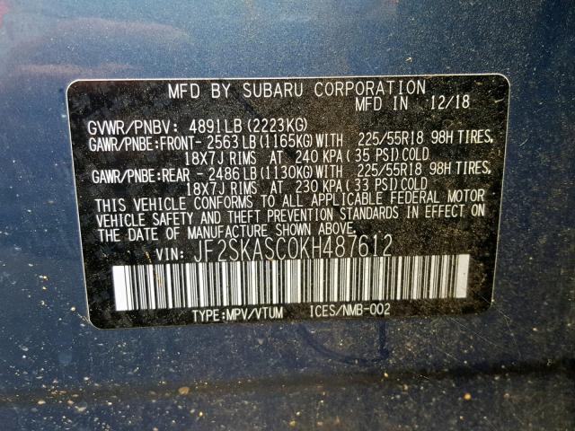 JF2SKASC0KH487612 - 2019 SUBARU FORESTER L BLUE photo 10