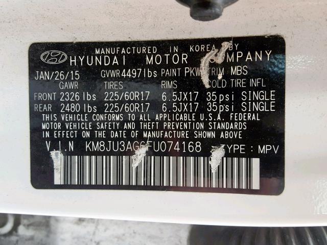 KM8JU3AG6FU074168 - 2015 HYUNDAI TUCSON LIM WHITE photo 10