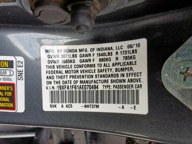 19XFA1F61AE070494 - 2010 HONDA CIVIC LX-S Qara foto 10