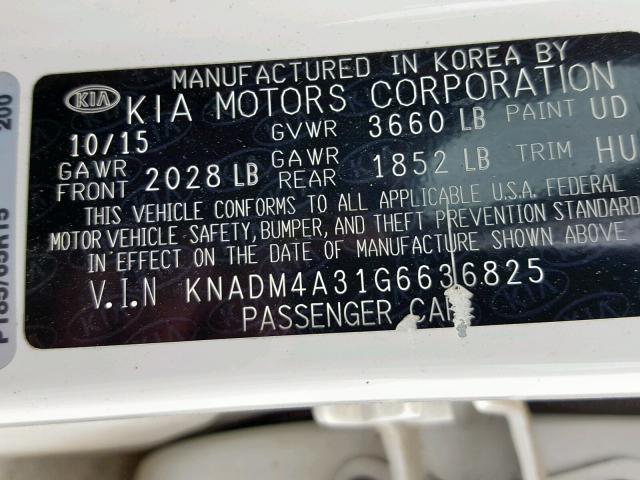 KNADM4A31G6636825 - 2016 KIA RIO LX WHITE photo 10