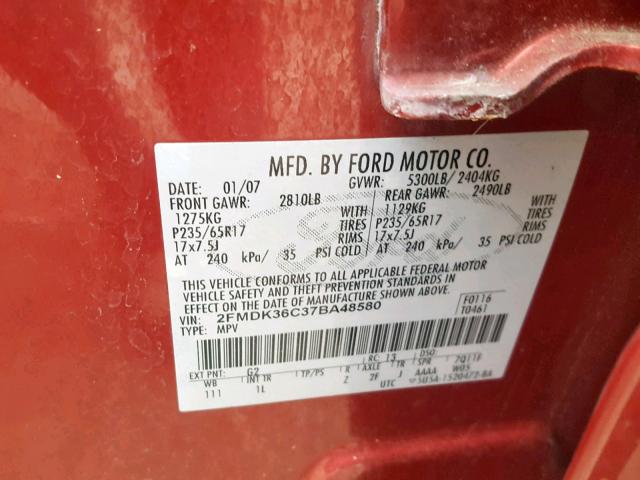 2FMDK36C37BA48580 - 2007 FORD EDGE SE RED photo 10