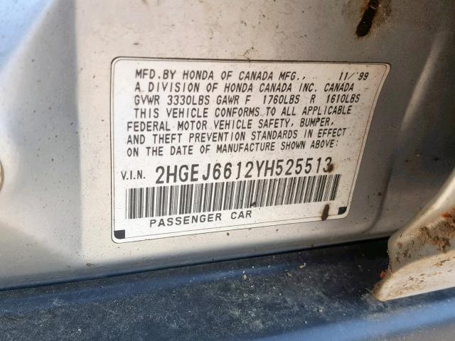 2HGEJ6612YH525513 - 2000 HONDA CIVIC BASE Gümüş foto 10