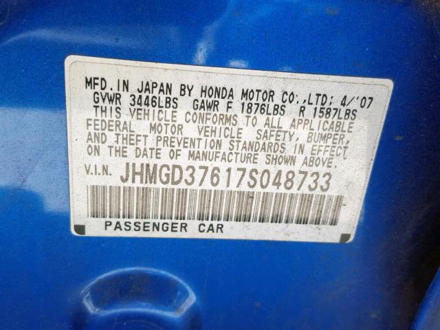 JHMGD37617S048733 - 2007 HONDA FIT S ლურჯი ფოტო 10