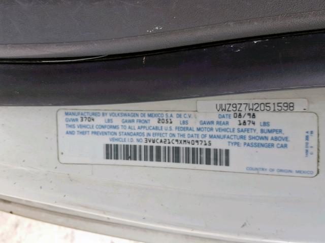 3VWCA21C9XM409715 - 1999 VOLKSWAGEN NEW BEETLE WHITE photo 10