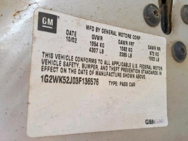 1G2WK52J03F136576 - 2003 PONTIAC GRAND PRIX SILVER photo 10