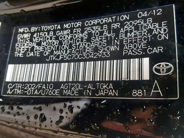 JTKJF5C70C3042933 - 2012 TOYOTA SCION TC BLACK photo 10