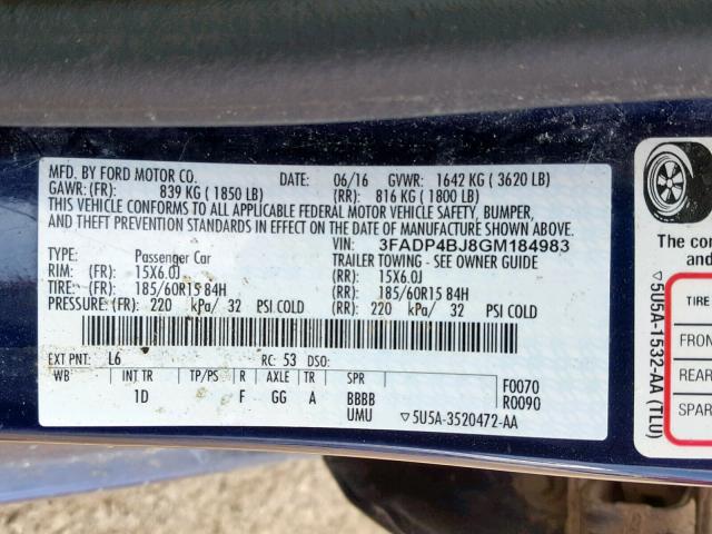 3FADP4BJ8GM184983 - 2016 FORD FIESTA SE BLUE photo 10