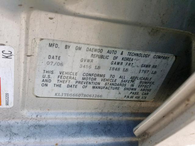 KL1TD56607B061266 - 2007 CHEVROLET AVEO BASE ნაცრისფერი ფოტო 10