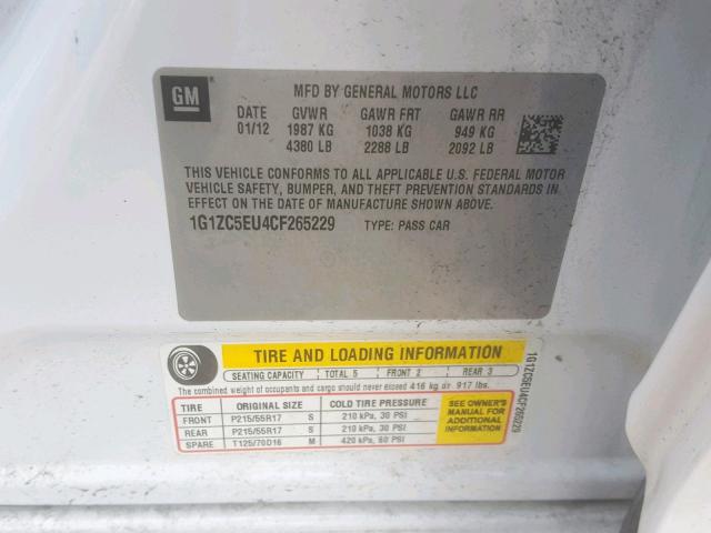 1G1ZC5EU4CF265229 - 2012 CHEVROLET MALIBU 1LT 白色 照片 10