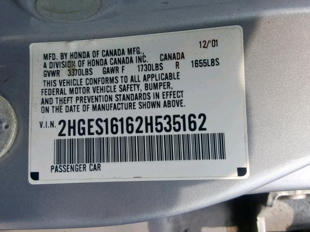 2HGES16162H535162 - 2002 HONDA CIVIC DX SILVER photo 10