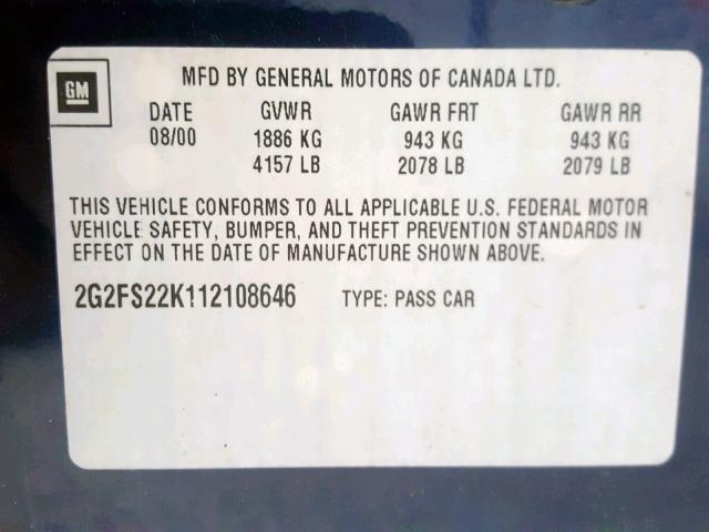 2G2FS22K112108646 - 2001 PONTIAC FIREBIRD BLUE photo 10