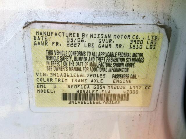 3N1AB61E68L720125 - 2008 NISSAN SENTRA 2.0 WHITE photo 10